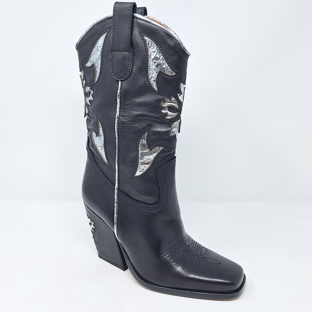Free People Sparks Fly Cowboy Western Boots Square Toe Silver Metallic Details